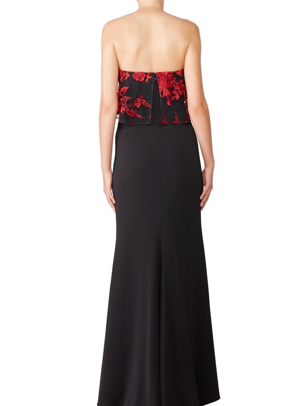 Badgley Mischka Black Strapless Gown with Red Floral Bodice